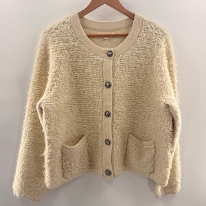 Lucky Brand Oversized Cardigan Sweater Patch Pockets Star Buttons Cream Size XL